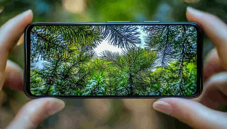 Through a Lens, Exploring Nature A Mobile Phone Closeup of a Woodland Canopy Framed by Fingers.の素材