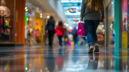 Young Girl Walking Through a Bustling Shopping Mall, Enjoying a Day of Retail Therapyの素材
