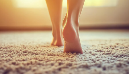 Barefoot Steps, Soft Carpet Sensual Walk Across Plush Flooring in Warm, Natural Lightの素材