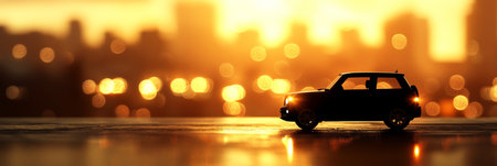 Silhouette of a Small Car Against a Golden Hour Cityscape with Bokeh Lights and Reflective Surfacesの素材