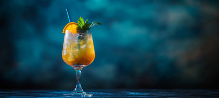 Classic Orange Cocktail in Elegant Glass With Ice and Mint on a Refreshing Blue Background.の素材