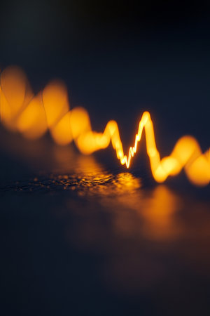 Abstract Glowing ECG Heartbeat Line Depicting Volatility on a Dark Gradient Backdrop with Text Spaceの素材