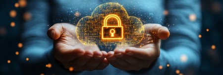 Cloud Data Security. Hands Protecting Glowing Cloud Icon with Padlock on a Dark Backgroundの素材
