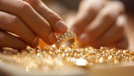 Golden Treasure Jeweler s Hands Selecting a Sparkling Ring from a Collection of Jewelsの素材