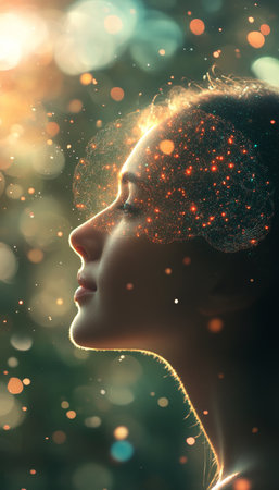 Mystical Woman, Digital Brain Overlay, Particles, Dramatic Background, Conceptual Photographyの素材