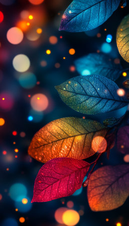Vibrant Autumn Leaves Glowing with Bokeh Lights Abstract Nature Background for Wellness and Designの素材