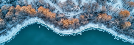 Winter Wonderland Aerial View of a Frozen River Embraced by Snow-Covered Forest, Natural Landscapeの素材