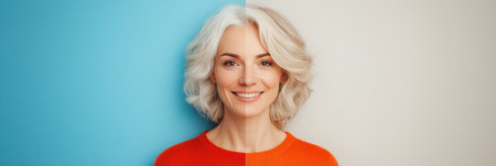 Portrait Of Smiling Mature Woman With Different Colored Hair Halves, Conceptual Studio Image.の素材