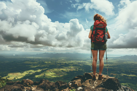 Female Hiker Conquers Mountain Summit, Celebrating Victory with Breathtaking Panoramic Valley Viewの素材