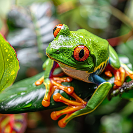 Curious Green Tree Frog with Bright Orange Feet Perched Atop a Vibrant Leaf in Rainforest Habitatの素材