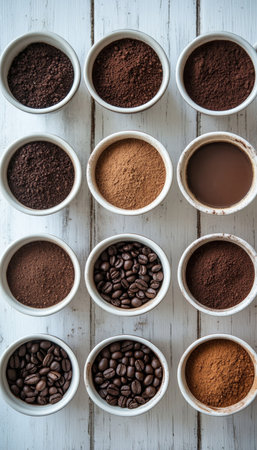 Overhead View of Various Coffee Roasts and Grinds in Cups A Flat Lay Composition for Coffee Loversの素材