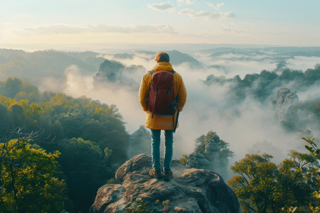 Lone Hiker Standing on Mountain Peak above Clouds Overlooking a Picturesque Valley Vistaの素材