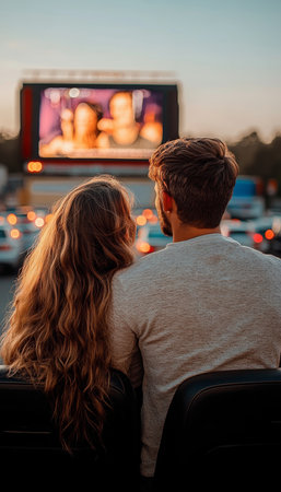 Couple Shares Romantic Moment at Drive-In Movie, Finding Love and Connection Under the Open Skyの素材