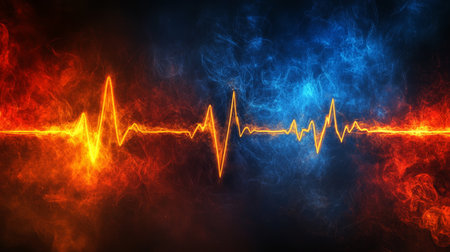 Glowing ECG or EKG Heartbeat Line on Dark Background with Abstract Smoke and Fire. Copy Space.の素材