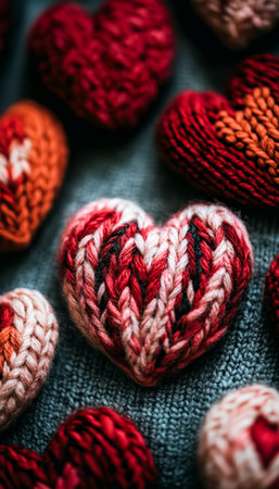 Handcrafted Knitted Hearts for Valentine s Day Red, Pink, and Orange on Blue Background, Close-Upの素材