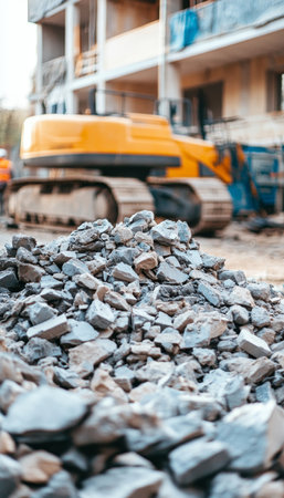 Pile Of Demolished Concrete Debris, Construction Excavator In Background, Demolition Siteの素材