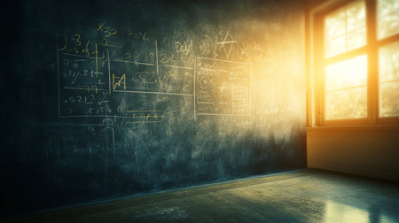 Empty Classroom Chalkboard with Mathematical Equations, Sunlit Window, Abstract Backgroundの素材
