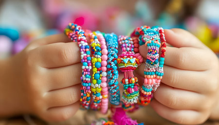 Crafting Happiness Child s Hands Making Vibrant Friendship Bracelets with Beads and Threads Closeupの素材