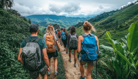 Group of Friends Embracing Adventure on Scenic Mountain Hiking Trail Through Lush Green Valleyの素材