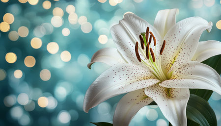 Elegant White Lily Bloom, a Symbol of Purity and Tranquility on a Turquoise Backdropの素材