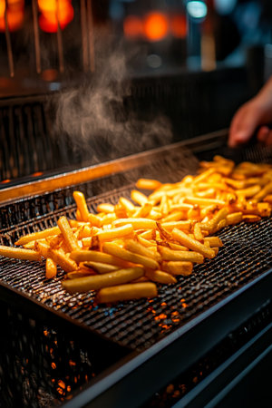 Close-up, Golden French Fries Frying to Perfection in Wire Basket Fryer, Food Industryの素材