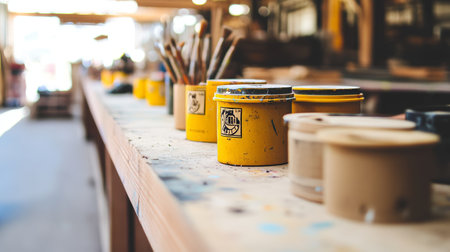 Yellow Paint Cans, Brushes In Workshop, Art And Creativity Concept Tools For Creative Expression.の素材