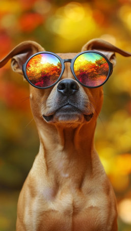 Canine Cool Closeup of Dog in Oversized Mirrored Aviators, Reflecting a Vibrant Backgroundの素材