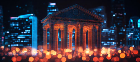 Abstract Glowing Financial District with Wireframe Building Symbolizing Growth and Innovationの素材