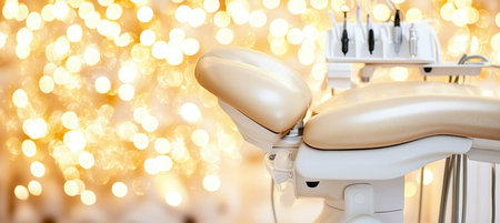 Modern Dental Chair in Focus, Evoking Tranquility and Wellness Against a Sparkling Bokeh Backgroundの素材