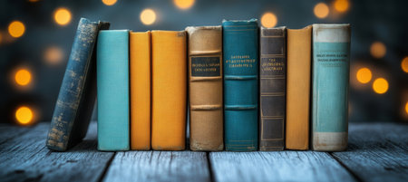 Vintage Books On Wooden Table With Bokeh Lights Background, Education And Knowledge Conceptの素材