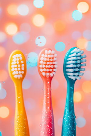 Three Colorful Toothbrushes on a Sparkling, Festive Bokeh Background for Dental Healthの素材