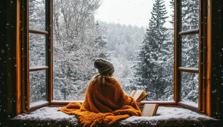 Peaceful Winter Retreat A young woman enjoys reading by snowy window wearing warm knitted clothes.の素材