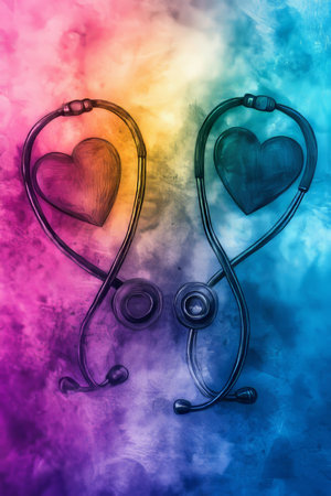 Abstract Healthcare Background, Two Stethoscopes And Hearts With Vivid Colors And Gradientの素材