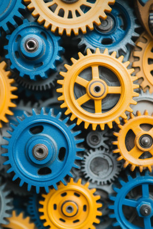 Blue And Yellow Gears And Cogs Background, Abstract Industrial Mechanism, Teamwork Conceptの素材