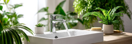 Modern Bathroom Sink With Flowing Water, Lush Green Houseplants, Minimalist Design, And Copy Spaceの素材