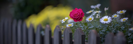 Single Red Rose and White Daisies Bloom Behind a Rustic Wooden Fence, Summer Garden Sceneの素材