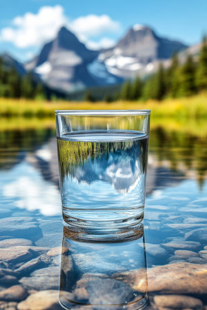 Crystal Clear A Glass of Refreshment Reflecting Majestic Mountains and Tranquil Lakeの素材