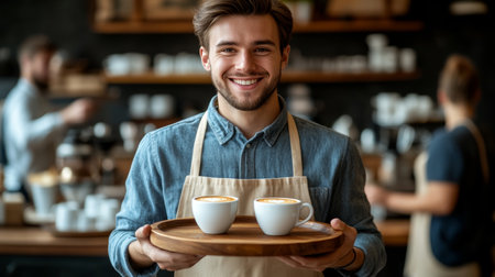 Smiling Barista Holding a Tray with Two Cups of Coffee, Posing in Front of a Busy Cafe Interiorの素材
