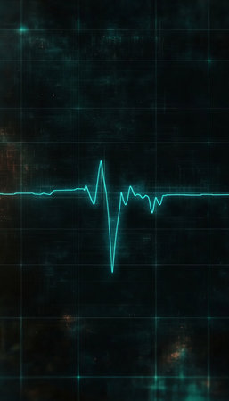 Glowing Minimalist EKG Graph Ending in Flatline on Dark Grid Background, Vector Illustrationの素材