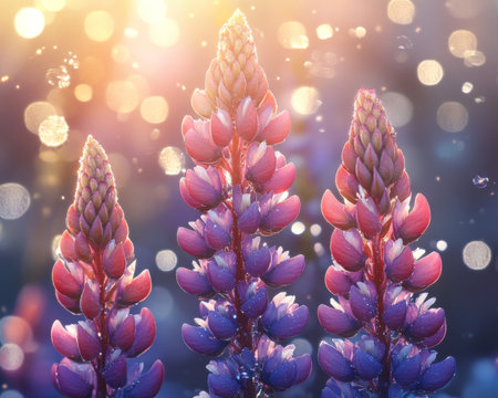 Sun-Drenched Lupines A Stunning Field of Purple and Blue Wildflowers Glowing in Soft, Vibrant Lightの素材