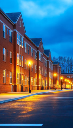 Modern Suburban Residential Building Glowing at Twilight, Architectural Exterior Stock Photoの素材