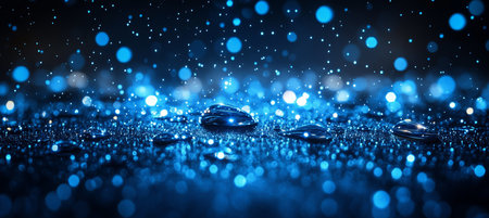 Abstract Blue Water Drops and Bokeh Background, Glitter and Sparkle Texture on Dark Backdropの素材