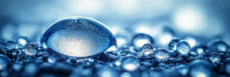 Close-up of Water Droplets, Abstract Macro Photography with Soft Blue and White Colors and Bokehの素材