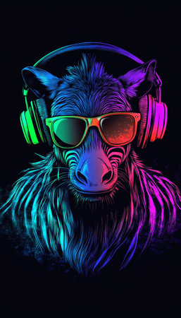 Neon Party Animal Portrait Zebra DJ with Colorful Headphones and Sunglasses on Black Backgroundの素材