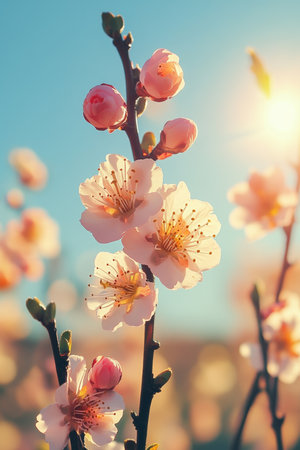 Springtime Sunlight, Flowering Tree Branch with Pink Buds and White Blossoms, Blurred Backgroundの素材