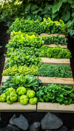 Thriving Vertical Garden Tiered Raised Beds Overflowing with Fresh, Homegrown Vegetablesの素材