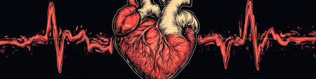 Vivid Red Anatomical Human Heart Illustration with Dynamic Heartbeat Line on Black Backgroundの素材