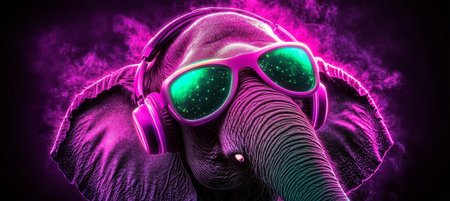 Neon Party Animal Stylish Elephant with Headphones and Sunglasses on a Vibrant Backgroundの素材
