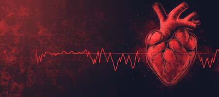 Stylized Vector of a Human Heart, Pulsating Red Line Graph on a Dark Background, Cardiology Conceptの素材