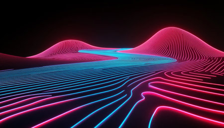 Wavy Neon Lights, Abstract Background with Blue and Pink Glowing Lines in a 3D Renderの素材